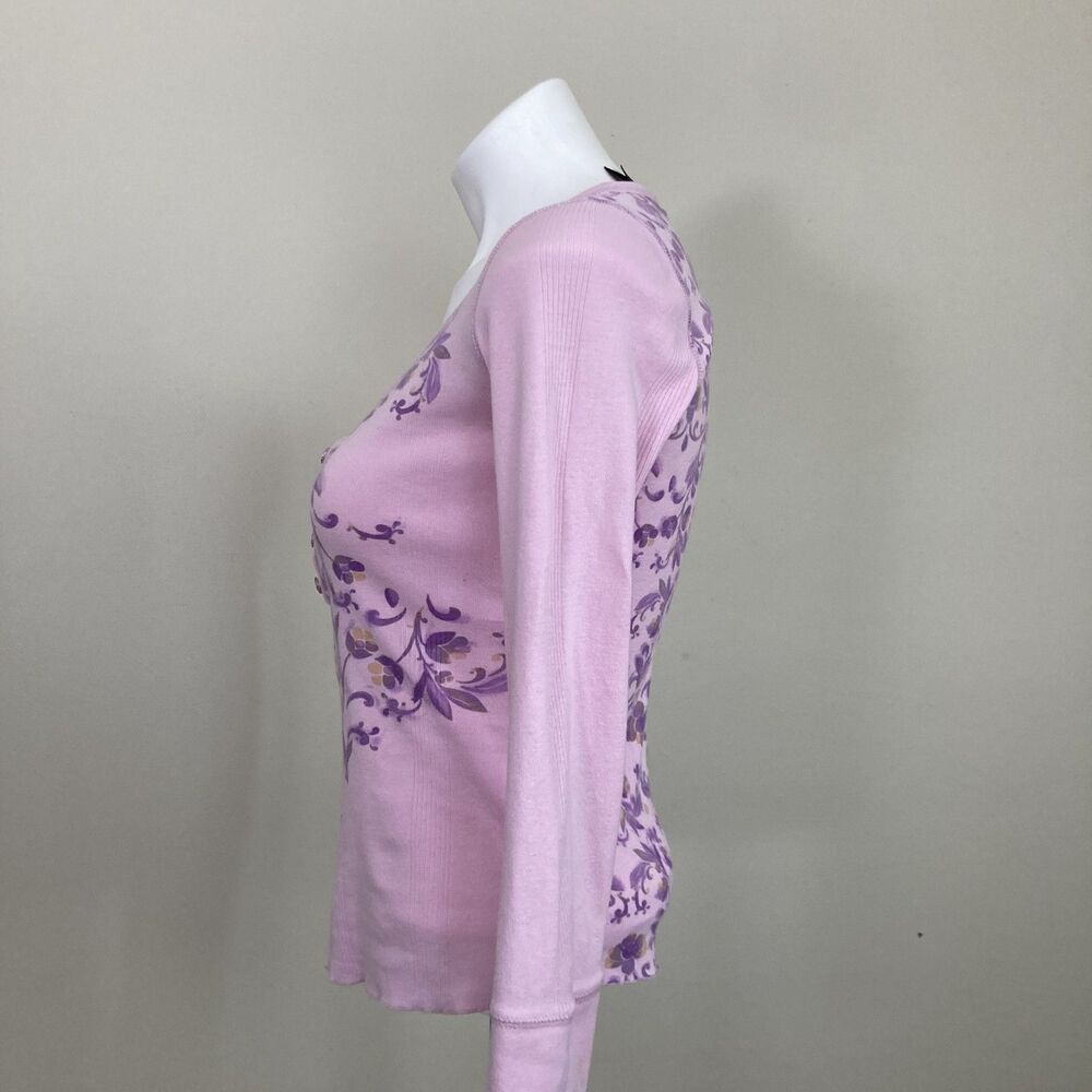 Vintage Fairy 2000s Y2K Henley DNKY Jeans Pink Floral Crystal Buttons Womens S/M - Picture 3 of 8